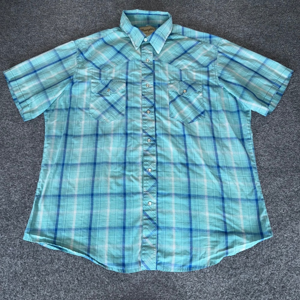 Wrangler Western Shirt Mens XL Blue Plaid Short Sleeve Cowboy Rodeo‎ Pearl Snap